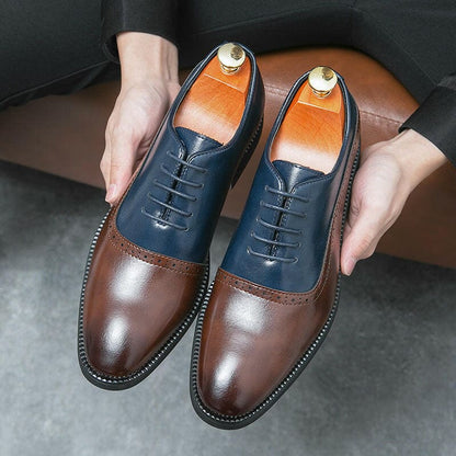 Pair of two-tone leather oxford shoes with brown toes and navy blue uppers.