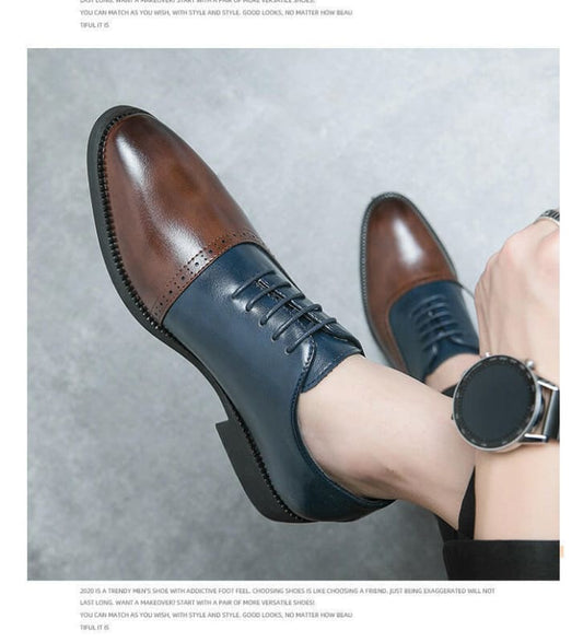 Two-tone leather dress shoe with brown toe and heel, and navy blue middle section.