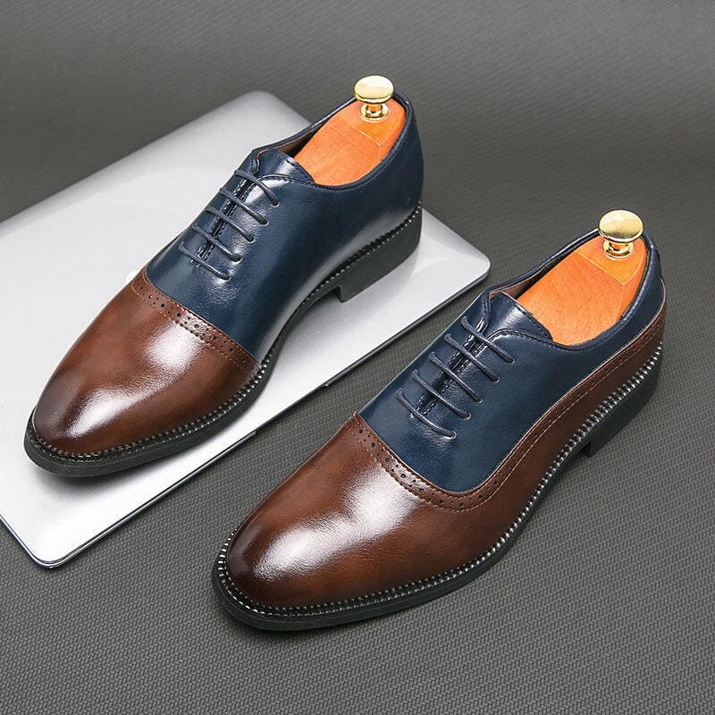 Pair of two-tone leather oxford dress shoes with navy blue uppers and brown toe caps.