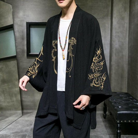 Mens Chinese Style Linen Embroidered Cardigan Black / M