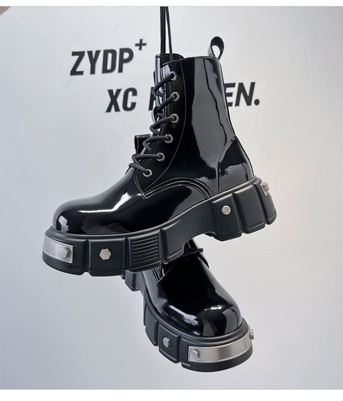 Mens Chunky Platform Heel Lace-Up Patent Boots