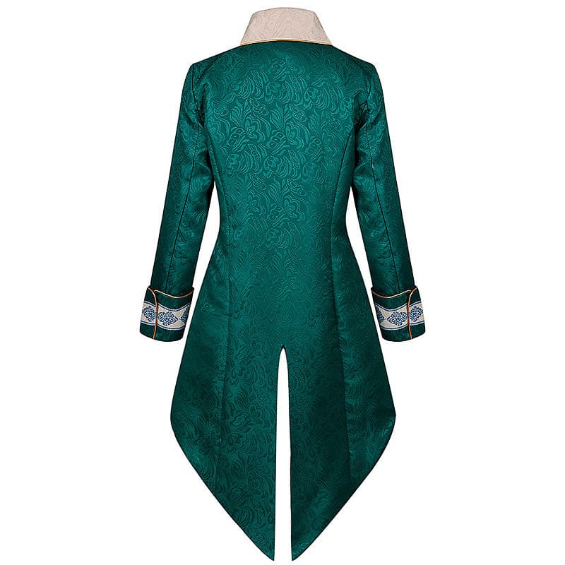 Emerald green tailcoat with ornate pattern and contrasting collar and cuffs.