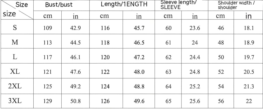 Size chart displaying measurements for various garment dimensions across different sizes.