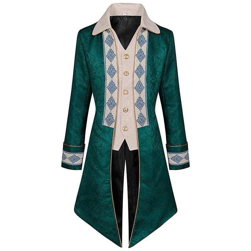 Emerald green tailcoat with ornate gold trim and a cream-colored collar.