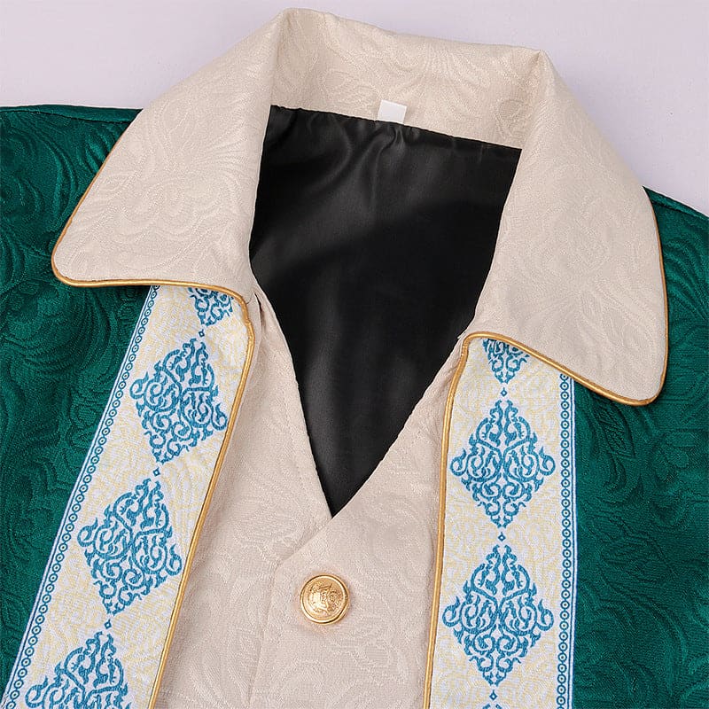 Ornate green robe with a white collar and decorative blue patterns on the lapels.