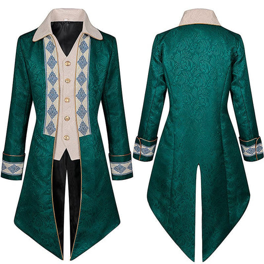 Ornate emerald green tailcoat with cream-colored accents and embroidered details.