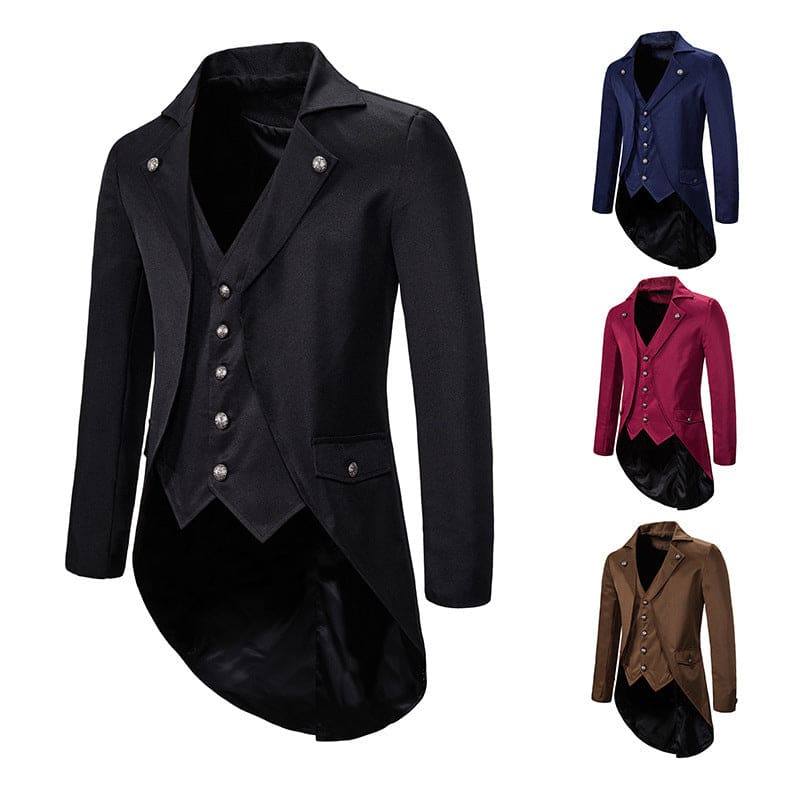 Tailcoat-style jacket with a high-low hem and decorative buttons.