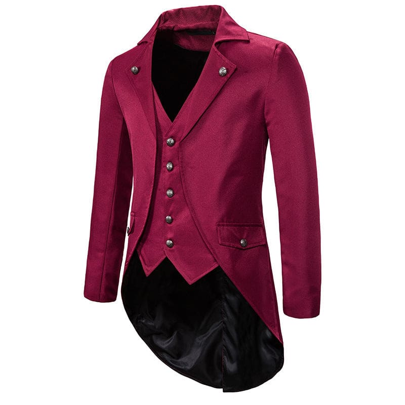 Burgundy tailcoat with a matching waistcoat and button detailing.