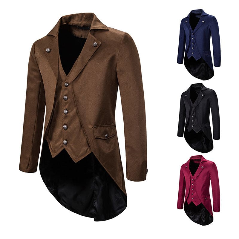 Tailcoat-style jacket with a high-low hem and decorative buttons.