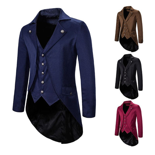 Tailcoat jacket in navy blue with silver buttons and a waistcoat-style front.