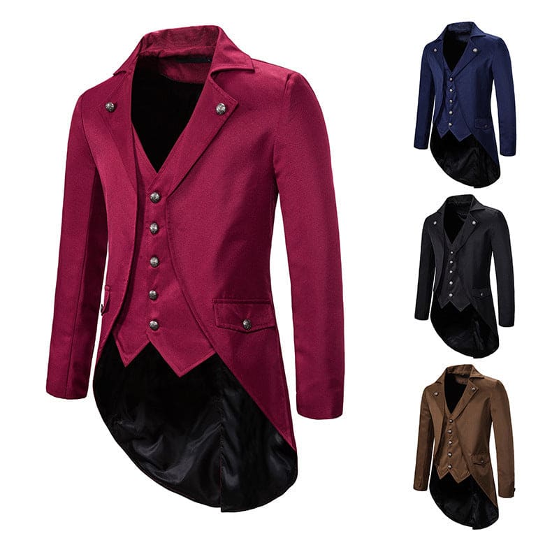 Tailcoat-style jacket with a high-low hem in burgundy color.