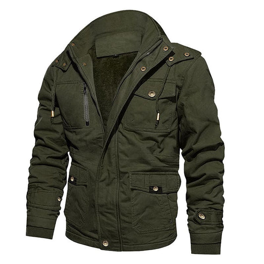 Military-style green jacket with multiple pockets and a high collar.