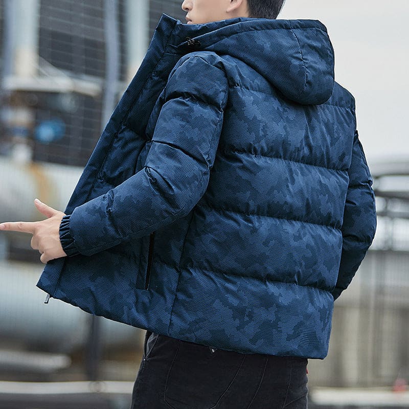 Navy blue puffer jacket with a hood.