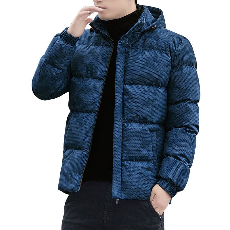 Blue puffer jacket with a camouflage-like pattern and hood.