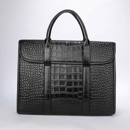 Black leather briefcase with crocodile-textured pattern and dual handles.