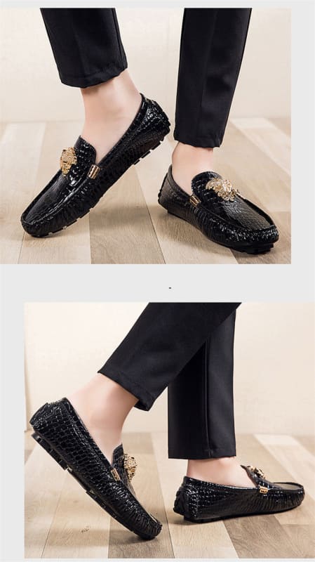 Mens Crocodile Print Loafer Shoes with Gold Motif