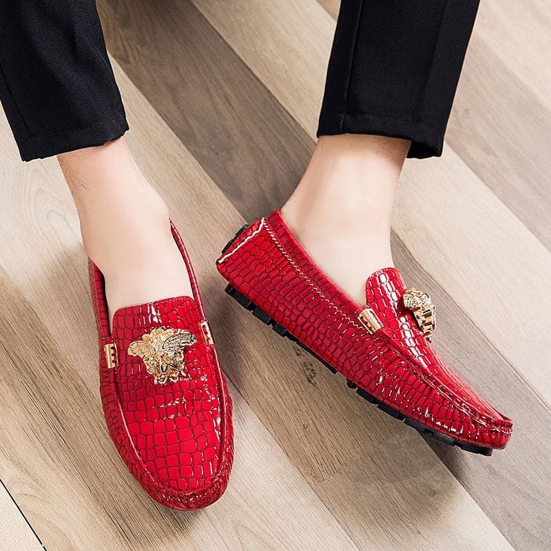 Mens Crocodile Print Loafer Shoes with Gold Motif