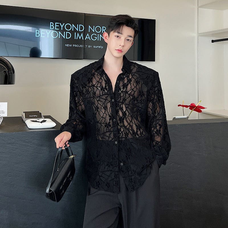 Men’s Embroidered Jacquard Lace Shirt with Shoulders