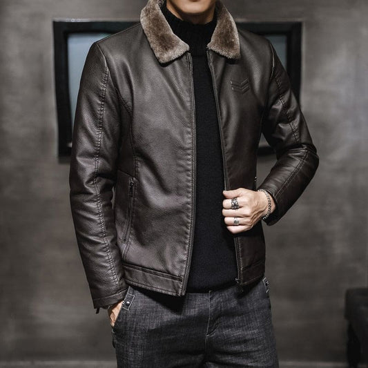 Brown leather jacket with a fur collar.