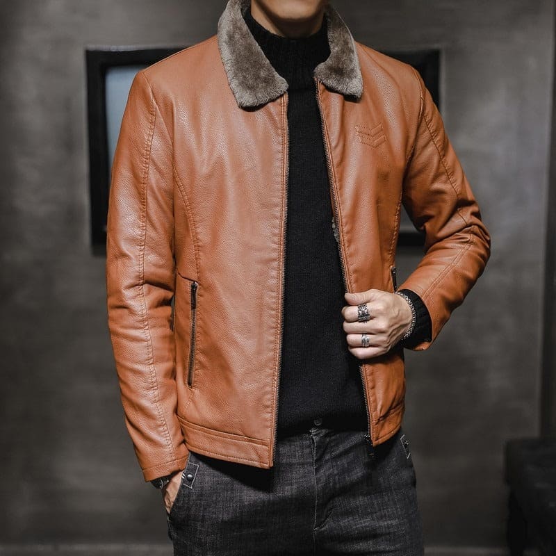 Brown leather jacket with a fur collar.