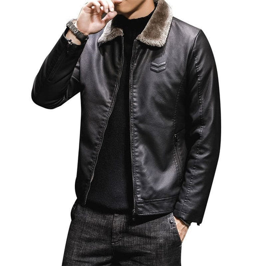 Black leather jacket with a fur-lined collar.