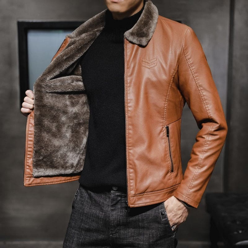 Brown leather jacket with a fur-lined collar.