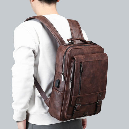 Men’s Faux Leather Large Capacity USB Charging Backpack