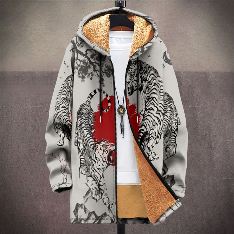 Fleece Lined Hooded Ethnic Print Cardigan Coat