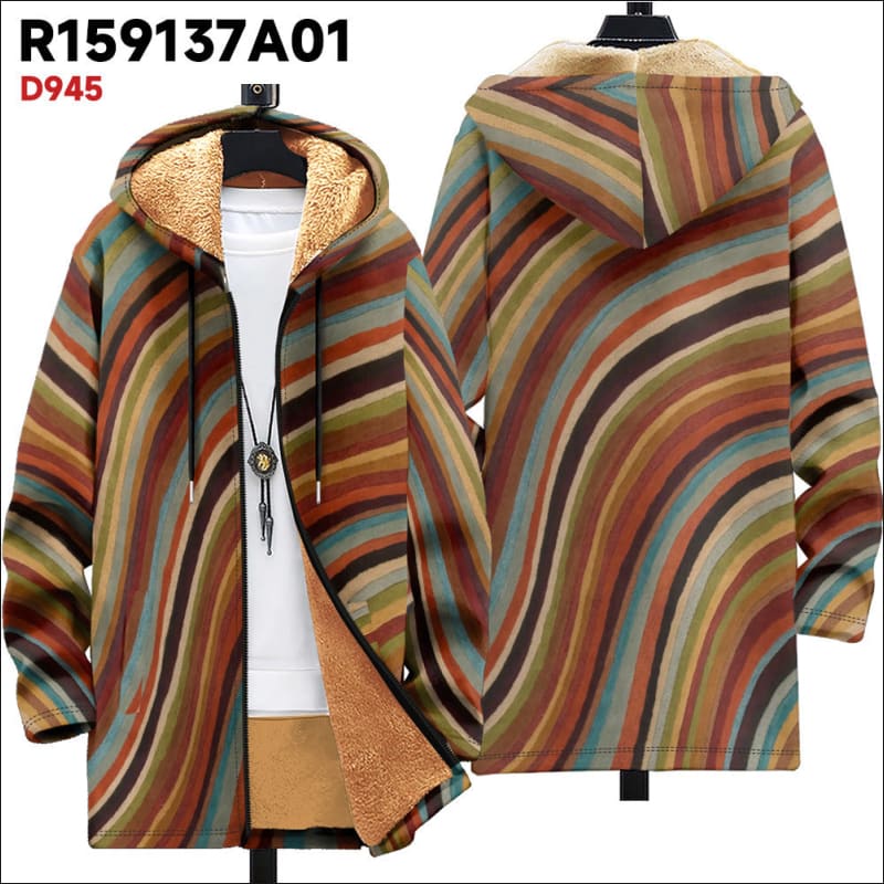 Fleece Lined Hooded Ethnic Print Cardigan Coat Type B / XS