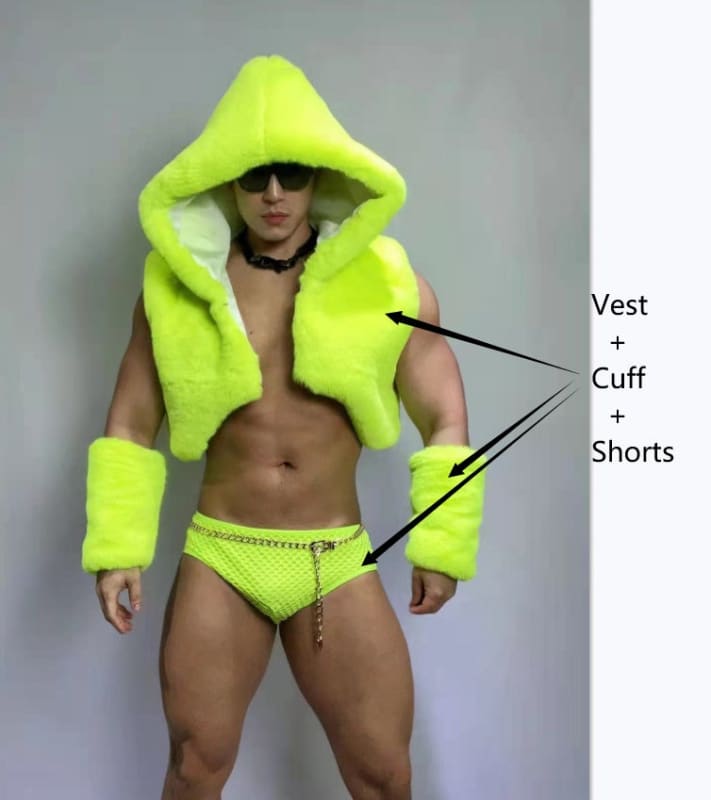 Neon yellow hooded vest with matching cuffs and shorts worn by a person in sunglasses.