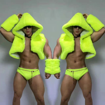 Two muscular figures wearing neon yellow hooded towels and matching briefs in a mirrored pose.