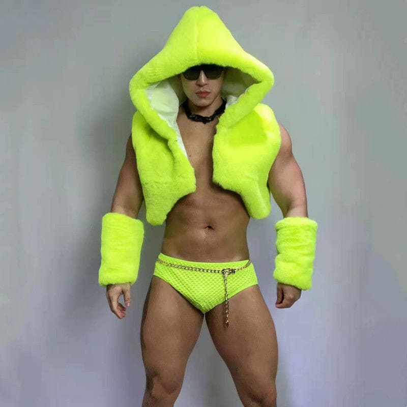 Muscular person wearing neon yellow furry accessories and briefs.