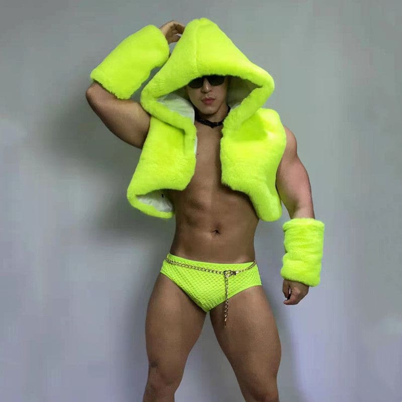 Muscular person wearing neon yellow fluffy clothing and underwear.