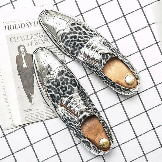 Pair of stylish leopard-print oxford shoes with speckled detailing.