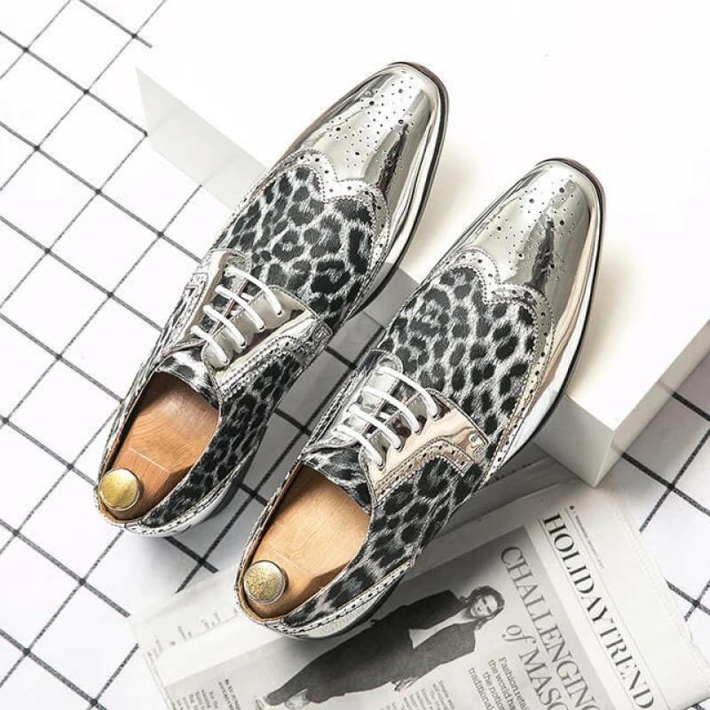 Mens Patent Leopard Print Shoes in Gold or Silver Silver