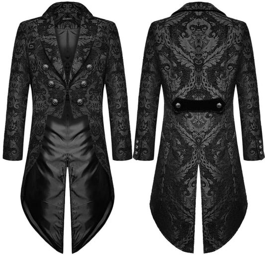 Ornate black tailcoat with intricate brocade patterns and silver buttons.