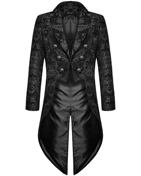 Gothic-style tailcoat jacket with intricate floral brocade pattern and double-breasted front.