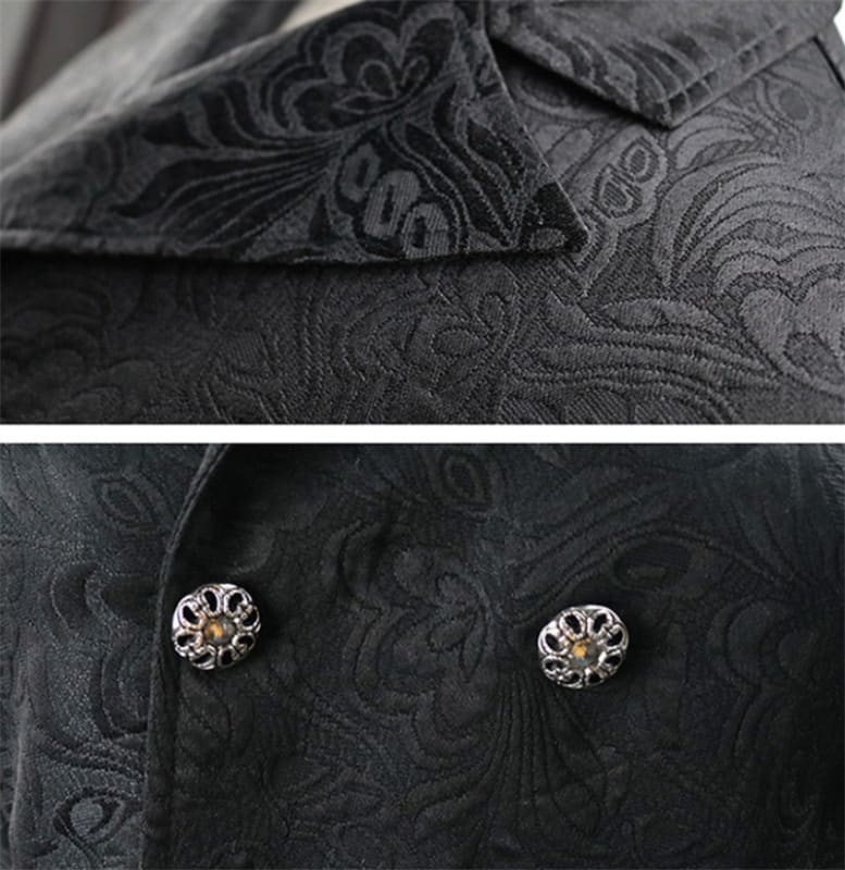 Black jacket with intricate floral embroidery and ornate metal buttons.