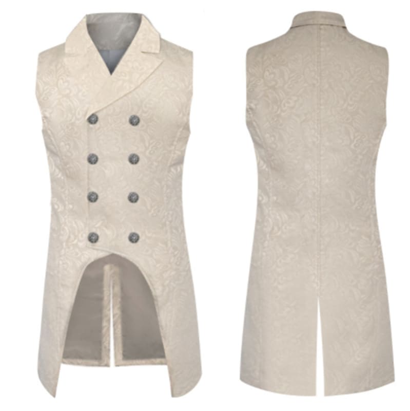 Double-breasted waistcoat with tails in a light beige color.