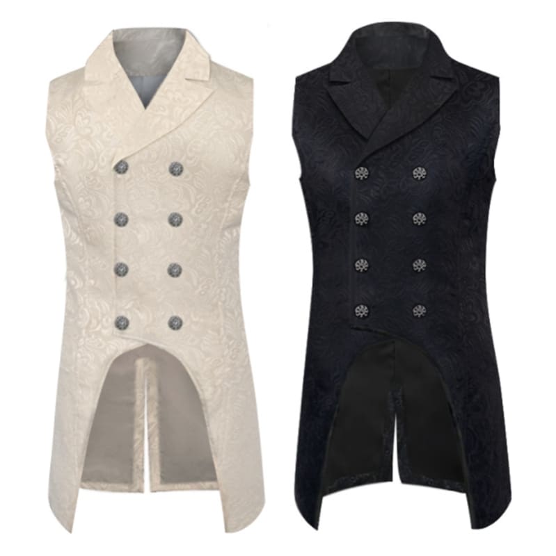 Double-breasted waistcoats with tails in cream and black colors.