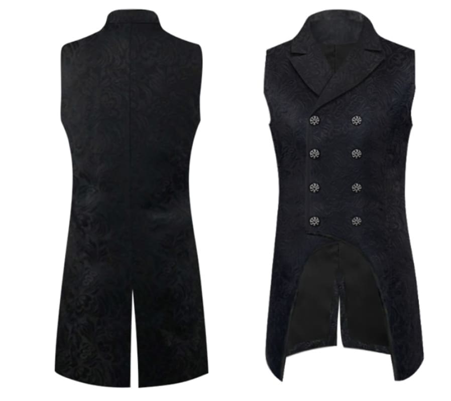 Black double-breasted waistcoat with long tails.