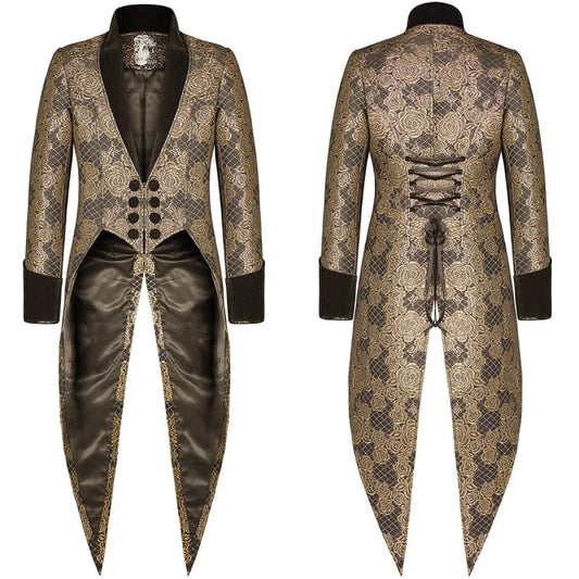 Mens Gothic Tailcoat Jacket Black Gold Brocade Style Gold