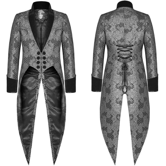 Mens Gothic Tailcoat Jacket Black Gold Brocade Style Silver