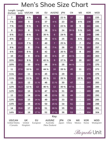 Men’s shoe size conversion chart for international footwear size guidance.