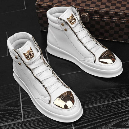 Pair of white high-top sneakers with gold metallic accents and zipper details.