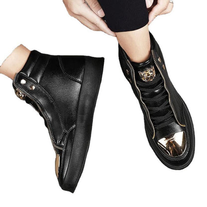 Pair of black high-top sneakers with gold metallic accents and tiger emblem.