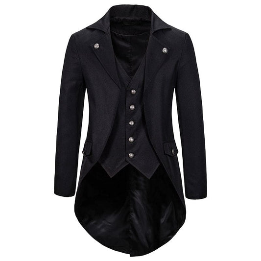 Black tailcoat jacket with silver buttons and a high collar.