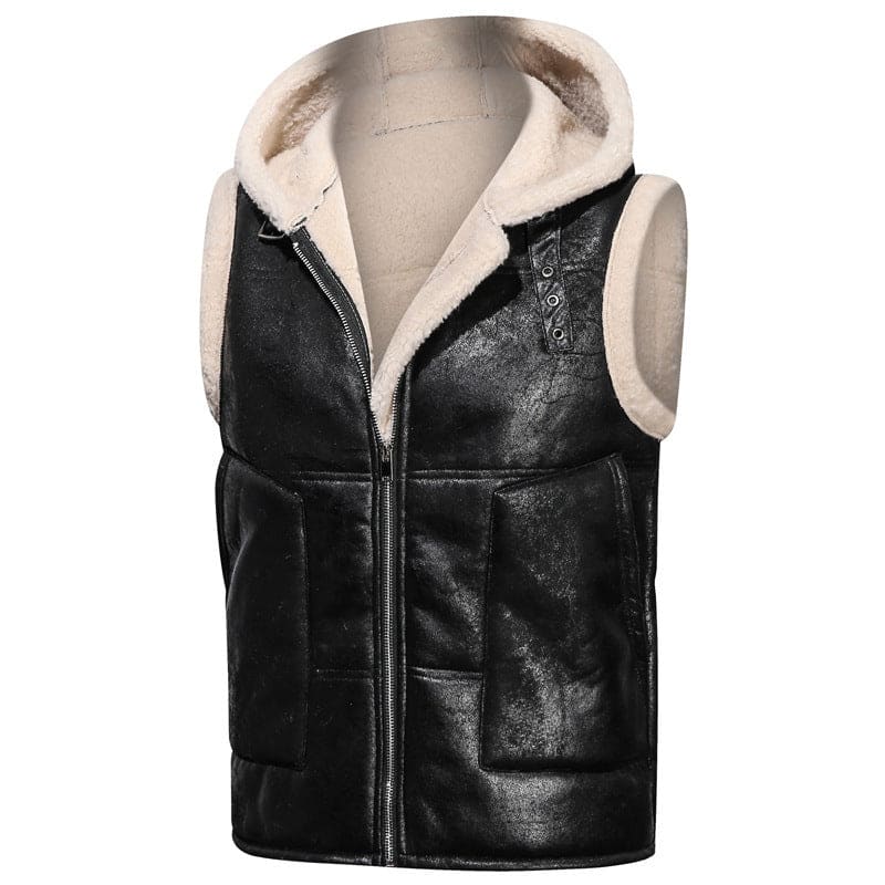 Black leather vest with white fleece lining and a zipper front.