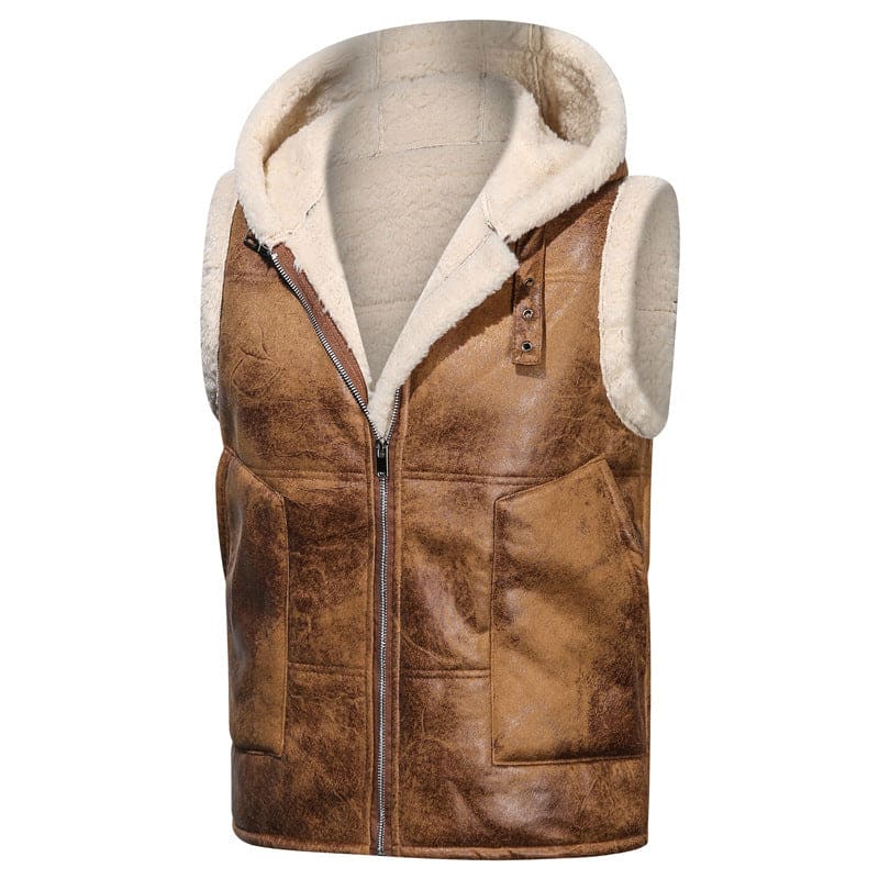 Sheepskin vest with a brown leather exterior and white fleece lining.