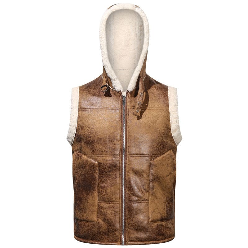 Hooded sleeveless jacket with brown leather exterior and white fleece lining.